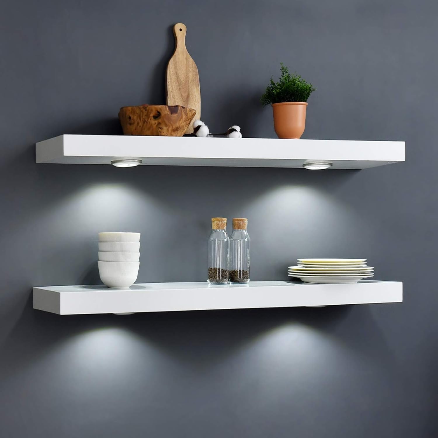 White Floating Shelf with Built-In Touch LED Light – 48" Wall Shelf for Modern Home Decor