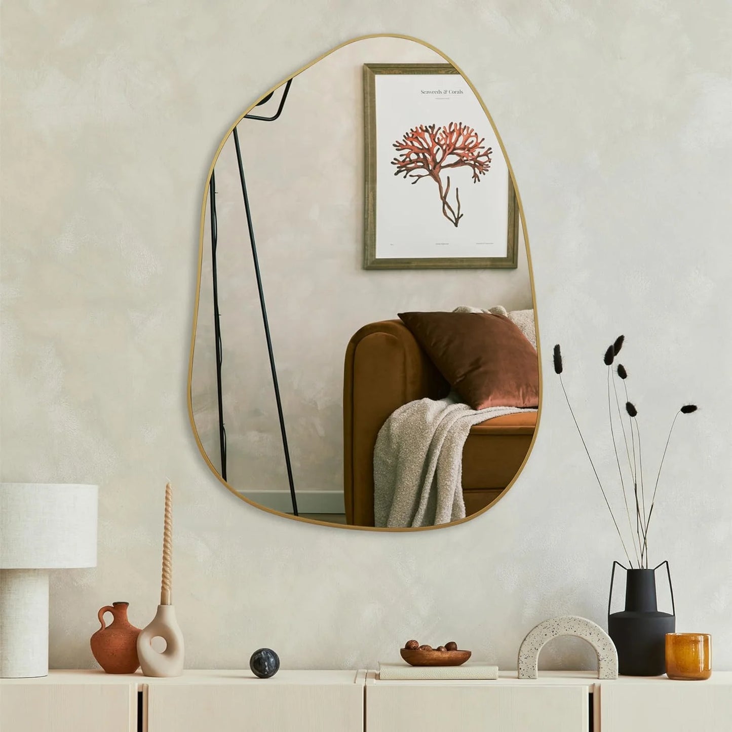 Asymmetrical Wall Mirror 28"x20" – Golden Wood Frame, Decorative for Living Room & Bathroom