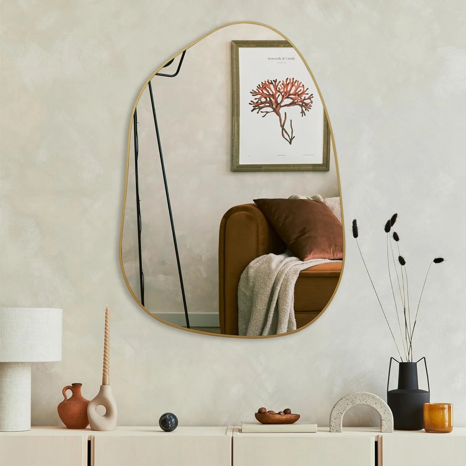 Asymmetrical Wall Mirror 28"x20" – Golden Wood Frame, Decorative for Living Room & Bathroom