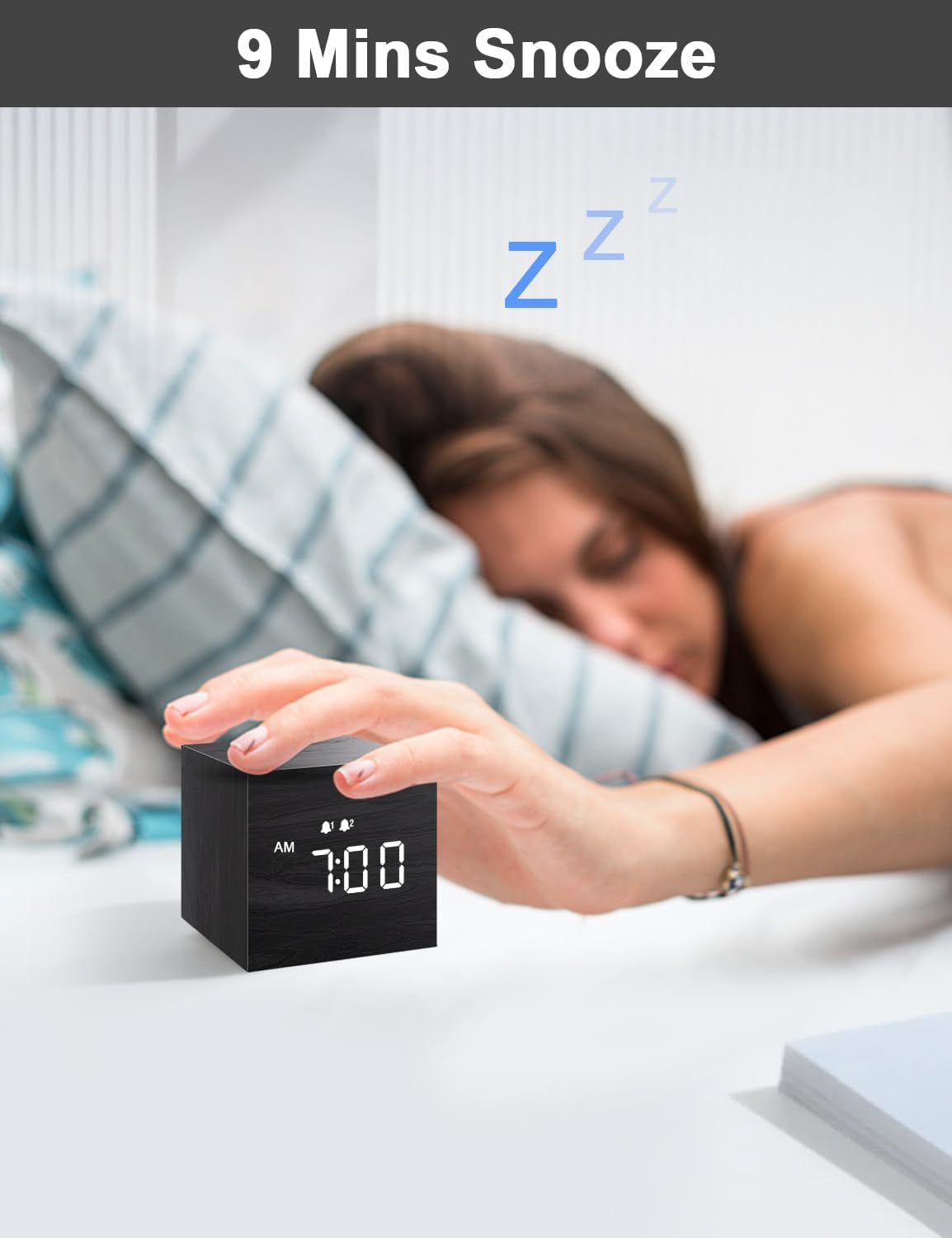 Compact Digital Alarm Clock – Wooden Casing, LED Time Display, Dual Alarm, Black