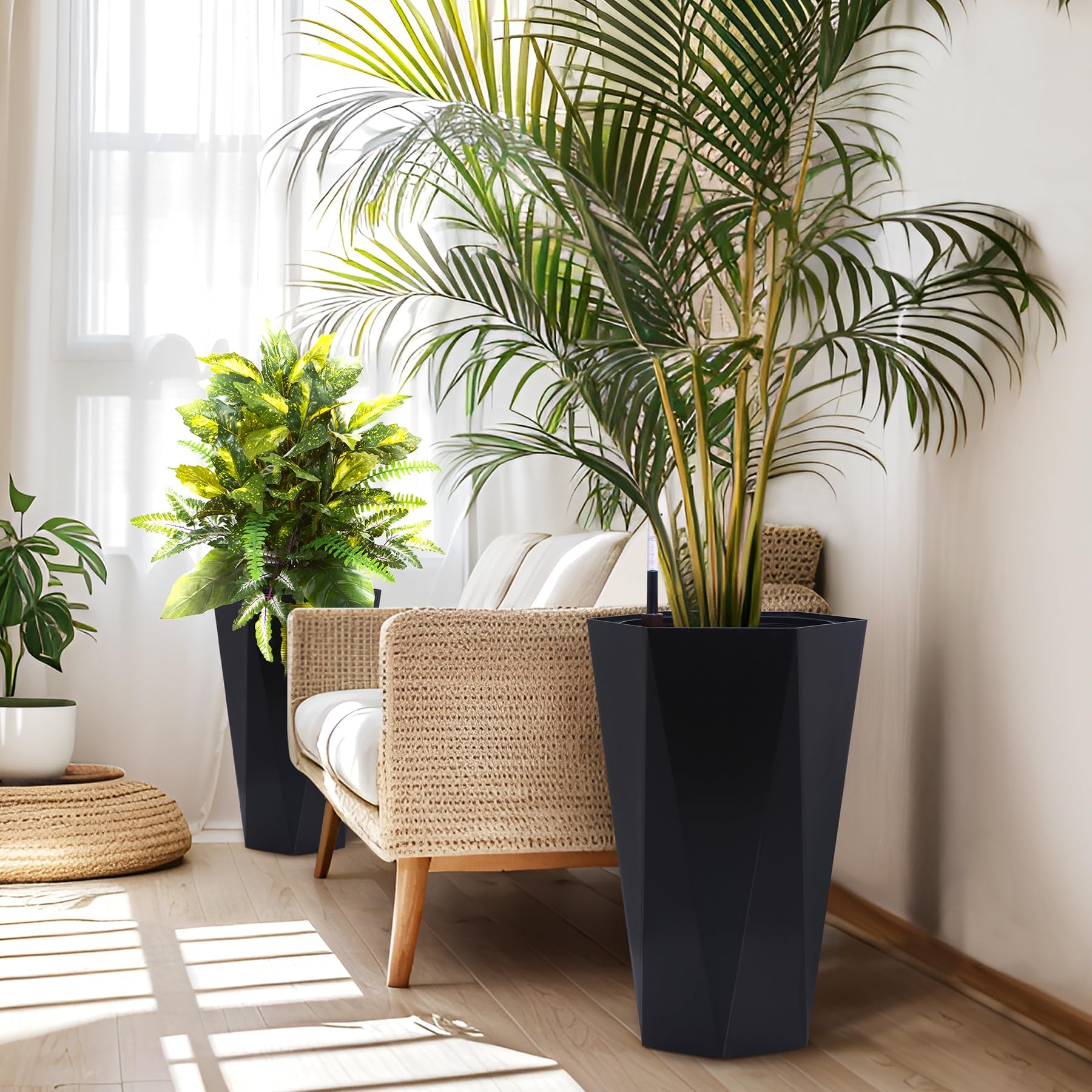 Set of 2 Black 23" Tall Planters – Porch Planter Pots with Inner Bucket, Drainage & Automatic Watering